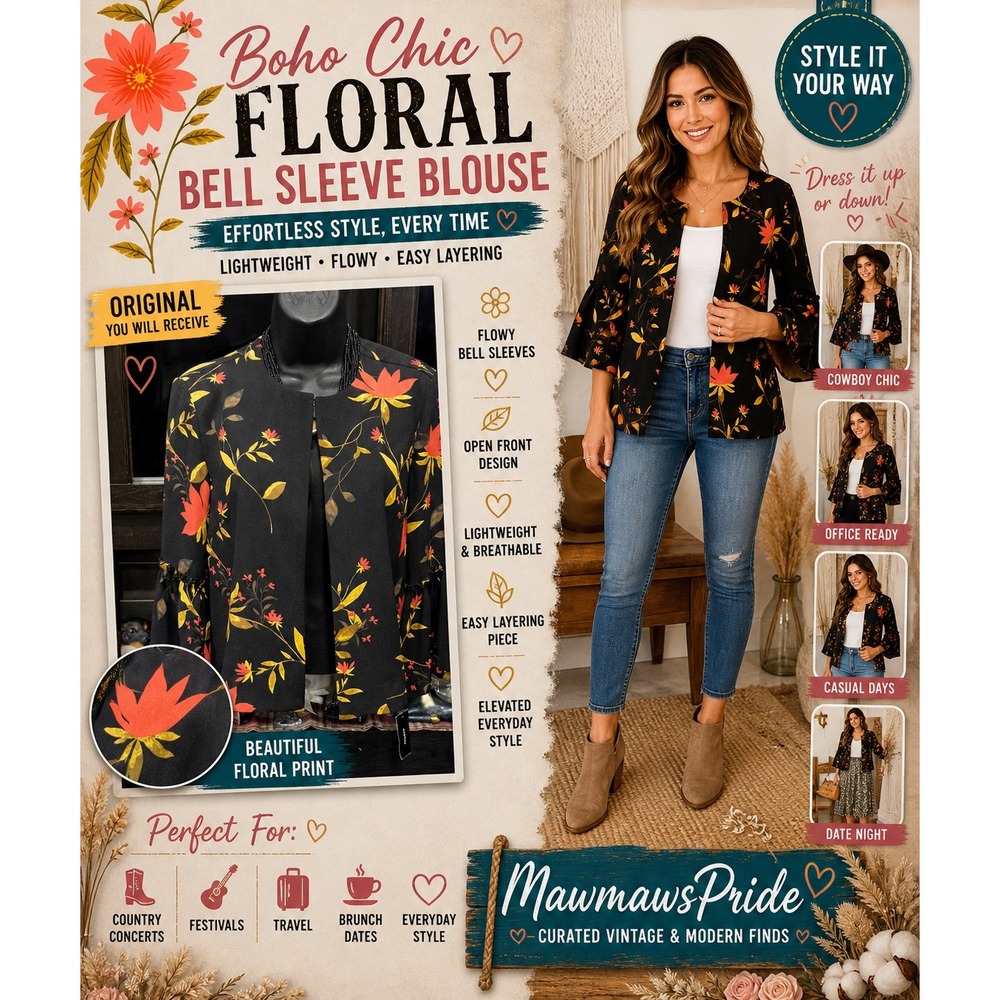 Algani Boho Chic Black Floral Bell Sleeve Open Front Blouse Layering Top XS